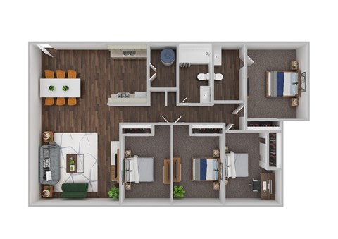 Floor plan for 4 beds, 1.5 baths, 1025 sqft